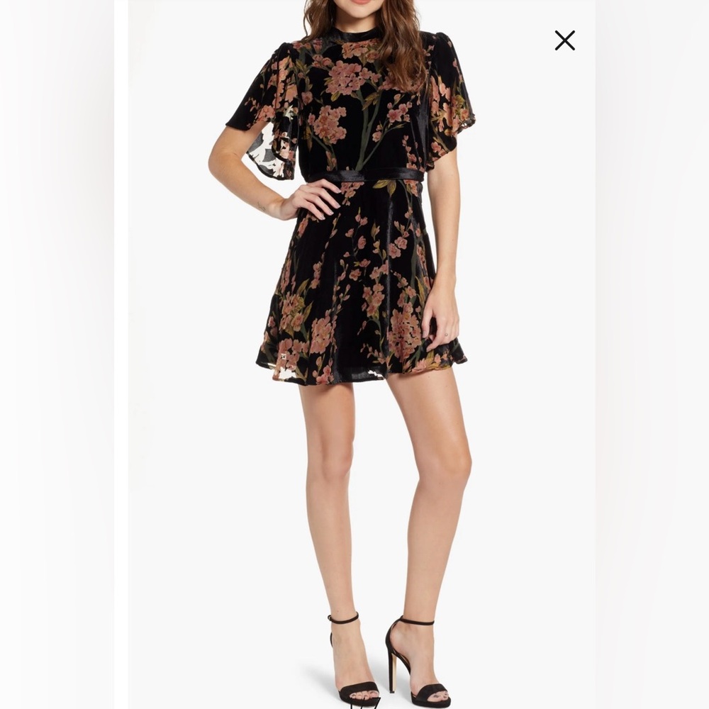 Bishop + Young Black Floral Velvet Short Dress with Pink Blossom Print
